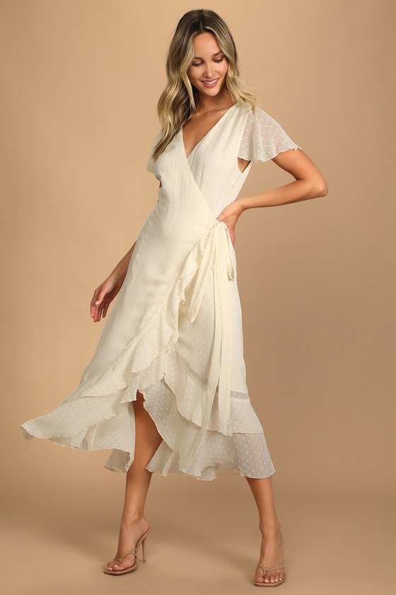 Cute Ivory Dress - Dotted Dress - Ruffled Midi Dress - Wrap Dress - Lulus